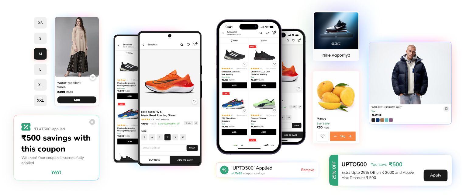 Screenshots of the e-commerce app showing various screens